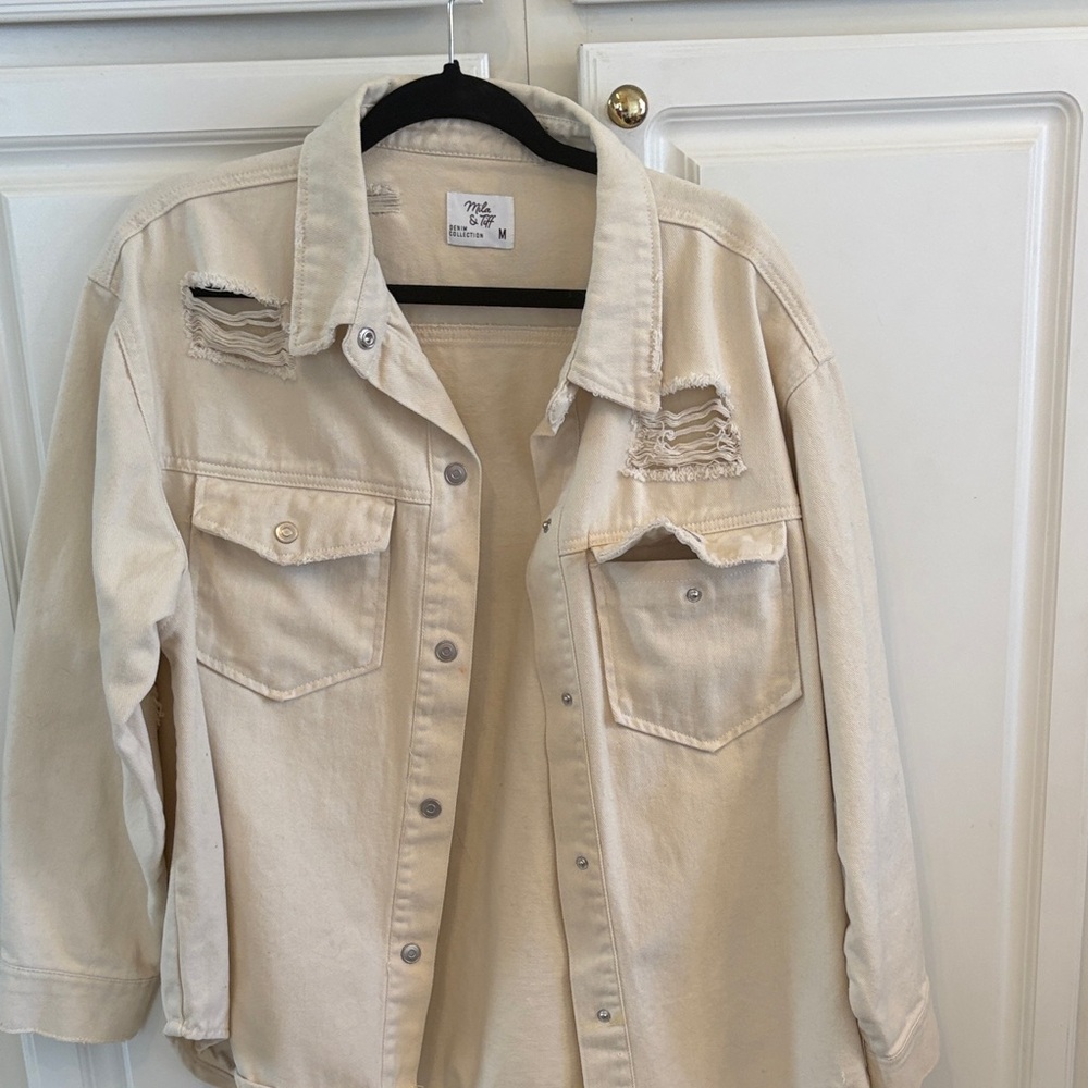 Cream Distressed Jean Jacket
